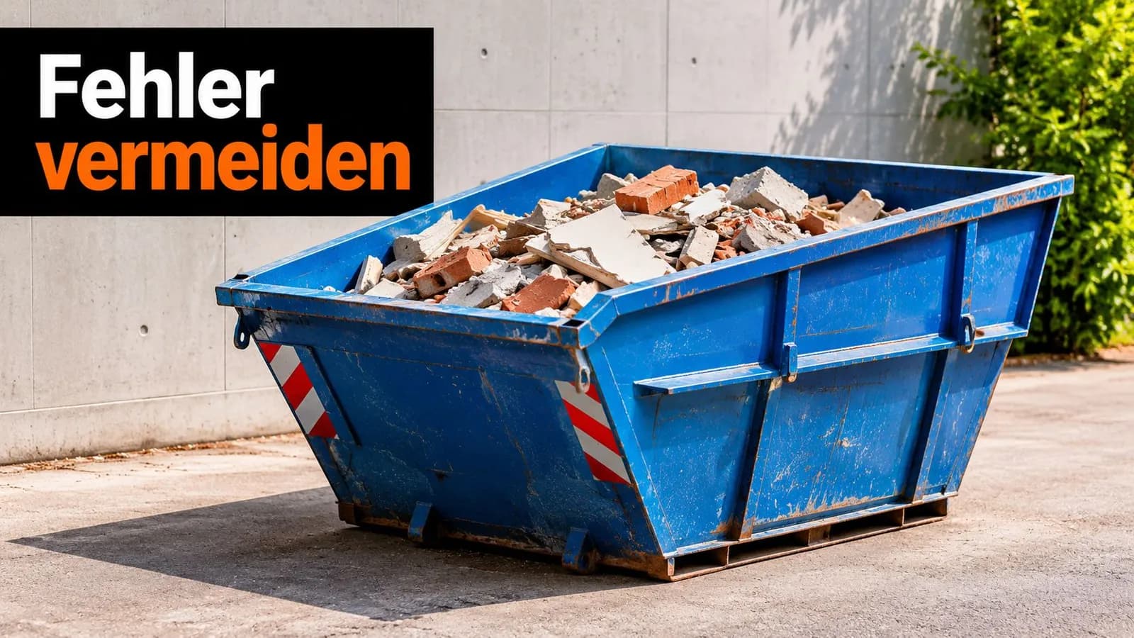 Ein blauer Container gefüllt mit Bauschutt steht vor einer Betonwand mit dem Schriftzug Fehler vermeiden.