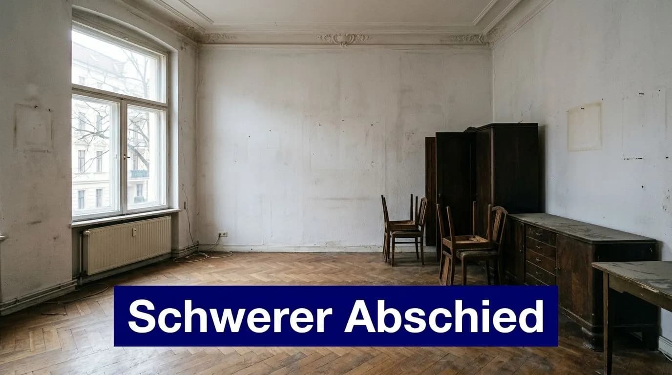 Ein leerer Raum mit altem Parkettboden, einigen zurückgelassenen Möbelstücken und einem großen Fenster in einer Altbauwohnung.