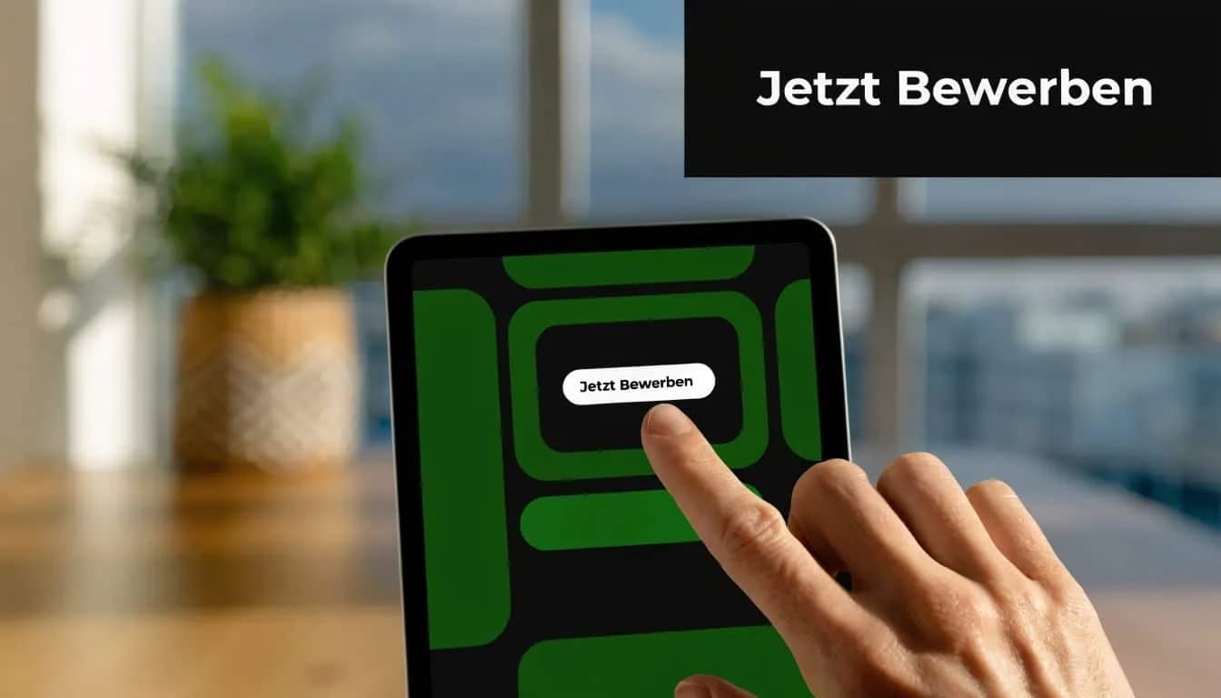 Eine Hand tippt auf einem Tablet mit der Aufschrift Jetzt Bewerben, um Partner für Entrümpelungen zu werden.
