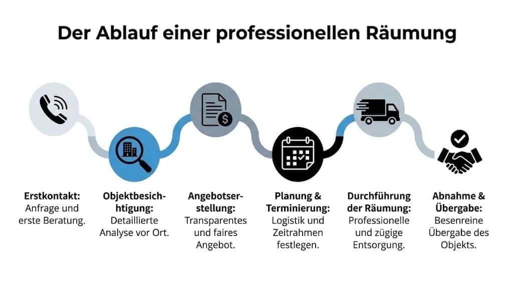 Eine Infografik, die den schrittweisen Ablauf einer professionellen Wohnungs- oder Gastro-Auflösung von der Beratung bis zur Übergabe zeigt.