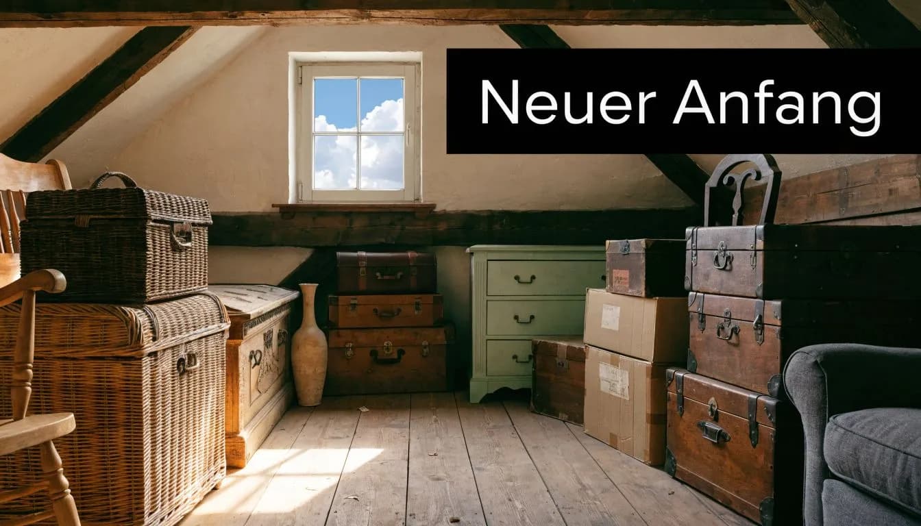 Ein Dachboden mit alten Koffern, Umzugskartons und einem Fenster, der einen Neuanfang und Entrümpelung symbolisiert.