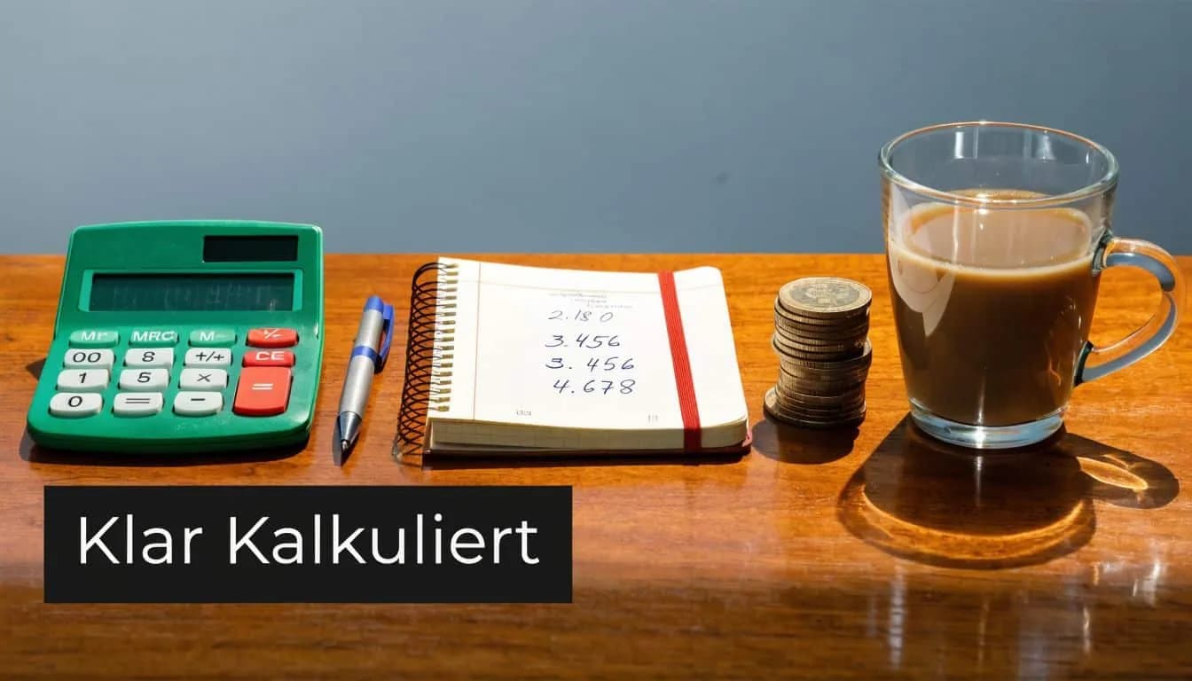 Ein Taschenrechner, ein Notizbuch mit Zahlen, ein Stift und ein Kaffee auf einem hölzernen Schreibtisch arrangiert.
