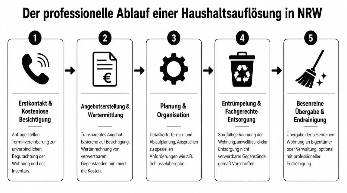 Grafik zeigt den fünfstufigen Ablauf einer professionellen Wohnungsauflösung von der Erstberatung bis zur besenreinen Übergabe in NRW.
