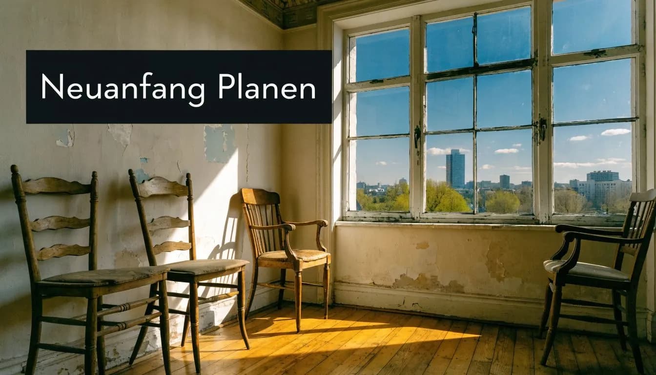 Ein sonnendurchfluteter, leerer Raum mit vier alten Holzstühlen vor einem großen Fenster mit Stadtblick.