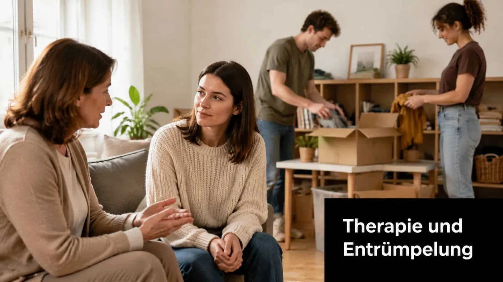 Eine Frau berät eine andere Person in einer Wohnung, während im Hintergrund Menschen beim Aufräumen helfen.