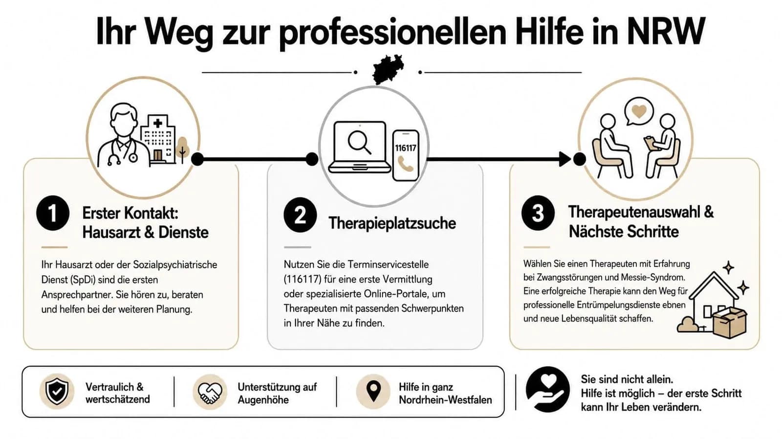 Infografik zum Weg zur professionellen Hilfe bei Zwangsstörungen und Messie-Syndrom in Nordrhein-Westfalen in drei Schritten erklärt.