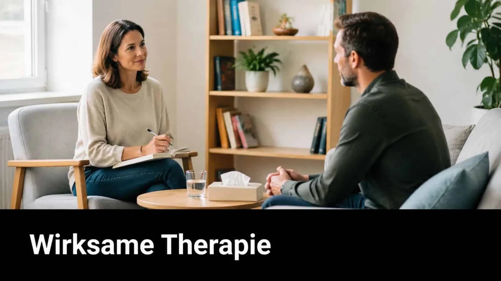 Eine Therapeutin führt ein vertrauliches Gespräch mit einem Patienten während einer psychotherapeutischen Sitzung in einer Praxis.