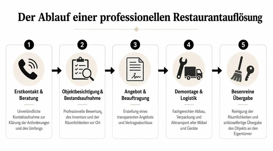 Ein fünfstufiger Prozess für eine professionelle Restaurantauflösung von der ersten Kontaktaufnahme bis zur besenreinen Schlüsselübergabe.