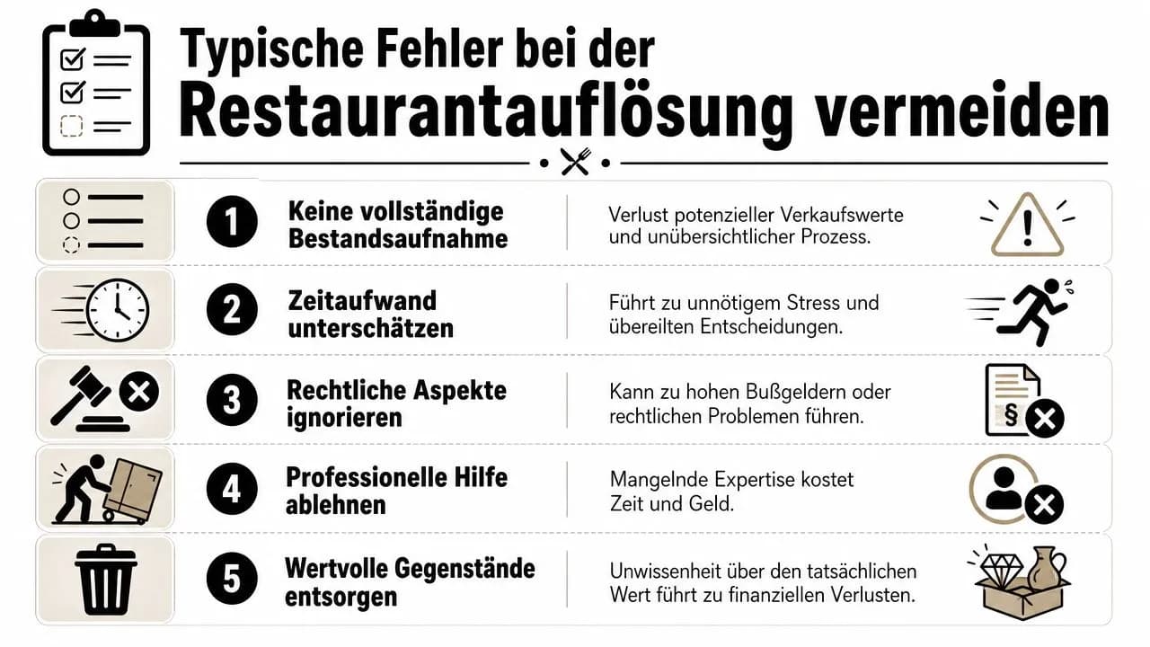 Eine Infografik mit fünf typischen Fehlern, die man bei einer Restaurantauflösung vermeiden sollte, um finanzielle Verluste zu verhindern.