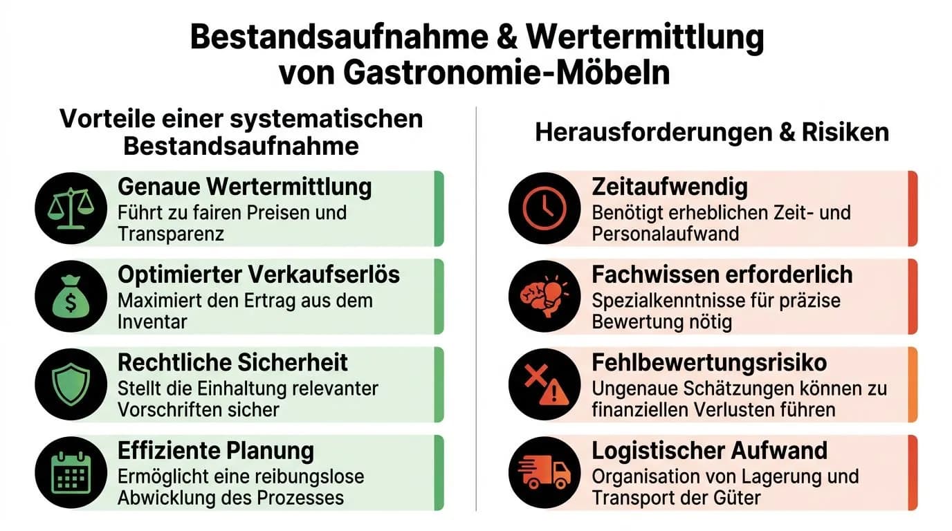 Infografik über die Vorteile sowie Herausforderungen und Risiken bei der Bestandsaufnahme und Wertermittlung von Gastronomiemöbeln.