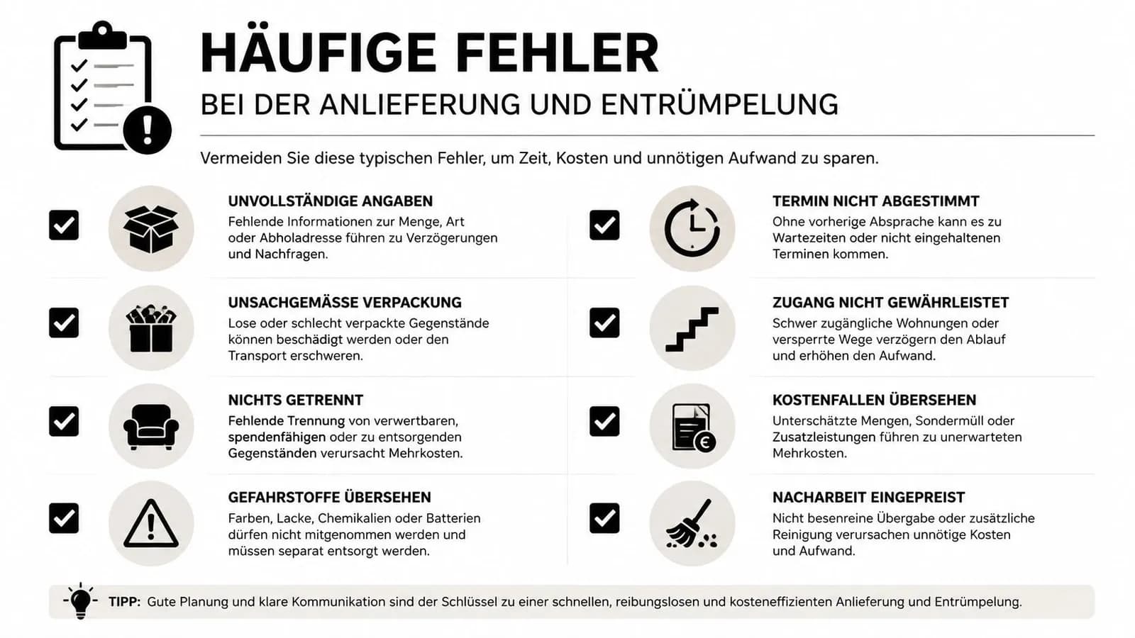 Eine Infografik mit Tipps zur Vermeidung häufiger Fehler bei der Anlieferung und Entrümpelung von Gegenständen.