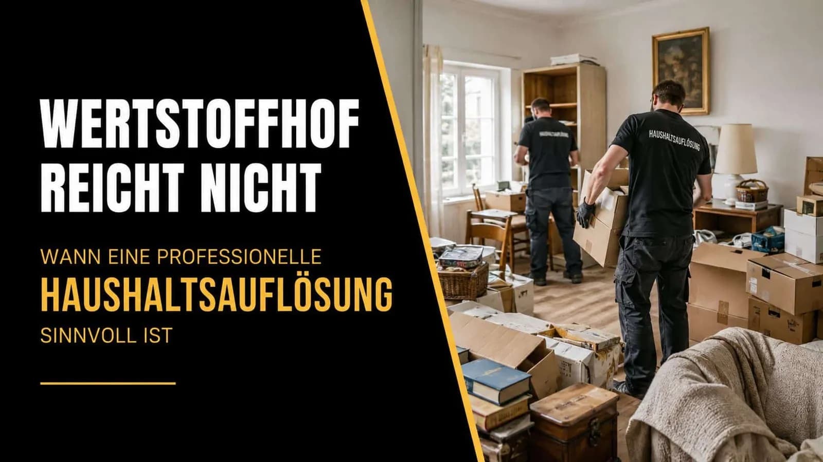 Zwei Mitarbeiter bei einer professionellen Haushaltsauflösung in einer Wohnung mit vielen Umzugskartons und persönlichen Gegenständen.