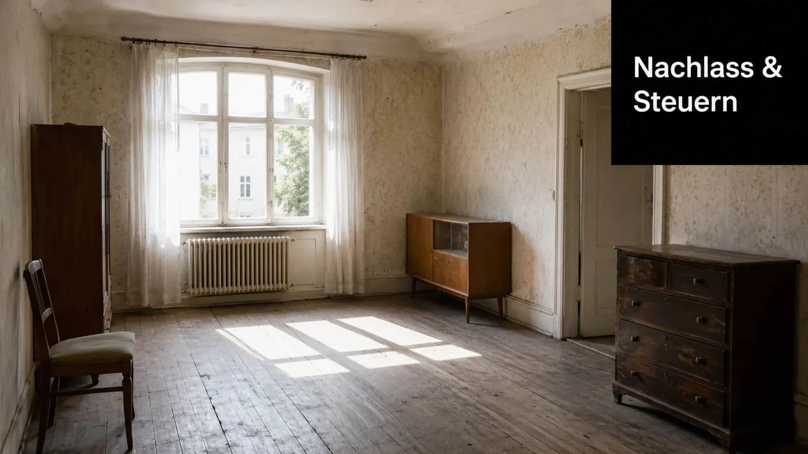 Ein leerer, sonnendurchfluteter Raum mit alten Holzmöbeln, einem Stuhl und einer Tapete in einer Altbauwohnung.