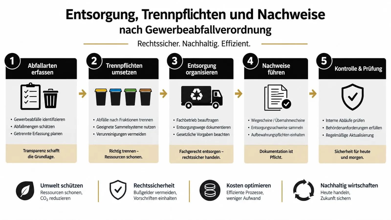 Eine Infografik erklärt die Schritte der Entsorgung, Trennpflichten und Nachweise gemäß der Gewerbeabfallverordnung für Unternehmen.
