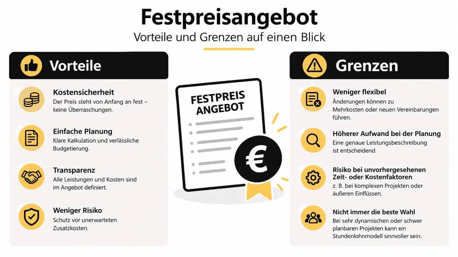 Eine Infografik, die die Vor- und Nachteile eines Festpreisangebots für Dienstleistungen klar und übersichtlich gegenüberstellt.