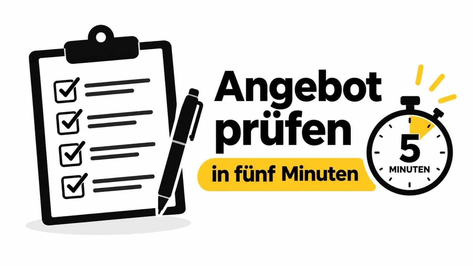 Ein Klemmbrett mit einer Checkliste und einer Stoppuhr, die eine fünfminütige Angebotsprüfung symbolisiert.