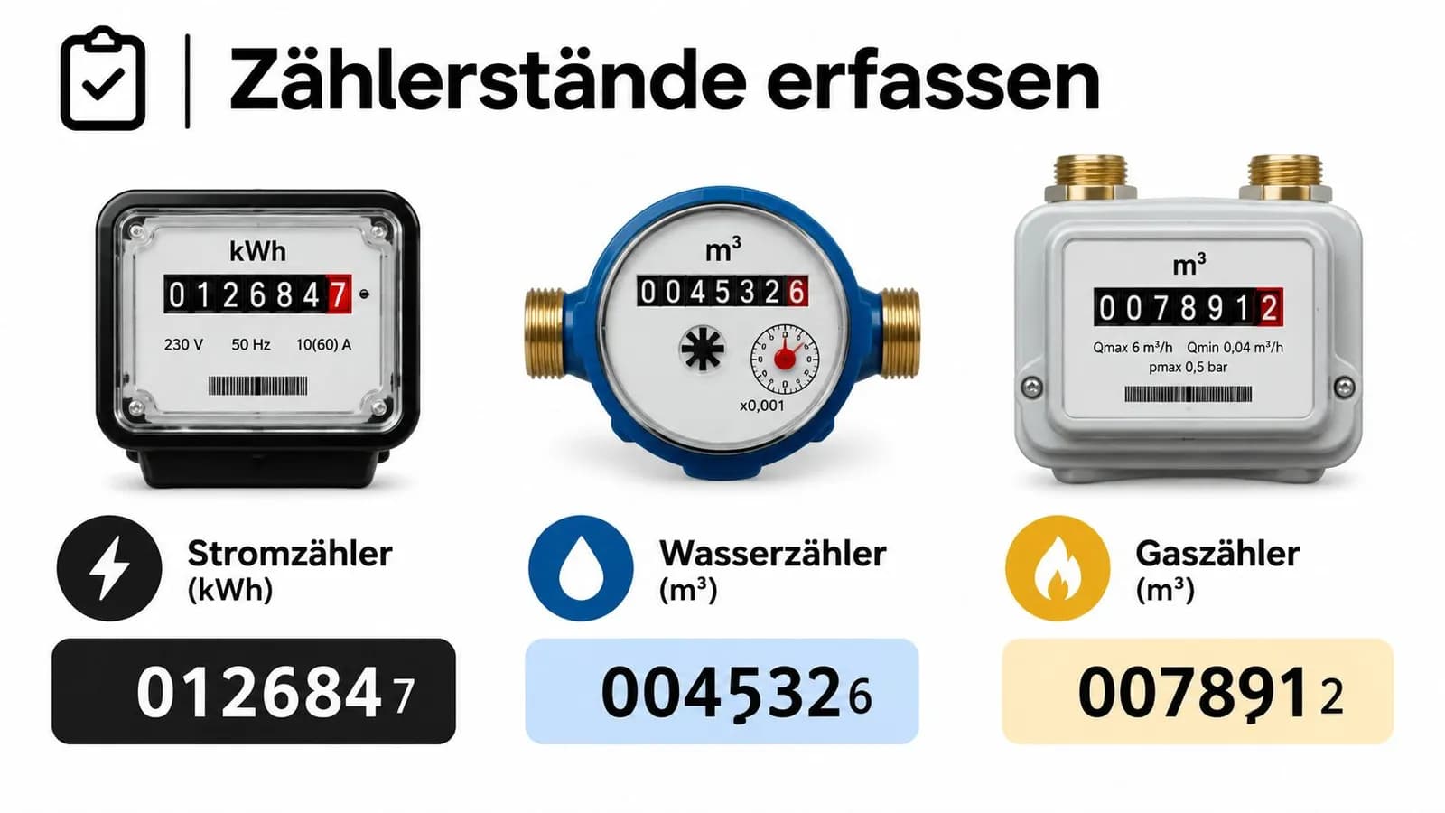 Eine Infografik zeigt drei verschiedene Zähler: Stromzähler, Wasserzähler und Gaszähler mit ihren jeweiligen aktuellen Zählerständen.