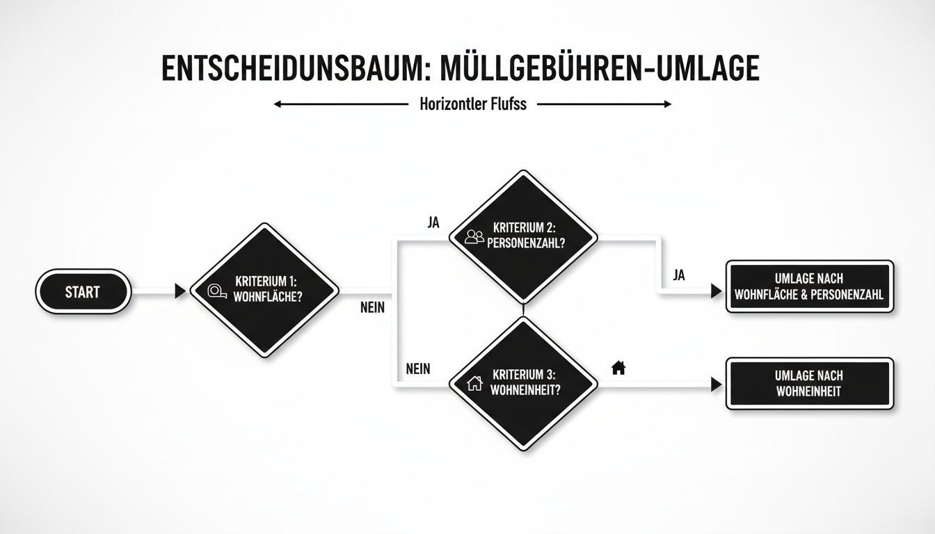 Flussdiagramm zur Umlage von Müllgebühren basierend auf Wohnfläche, Personenzahl und Wohneinheit.