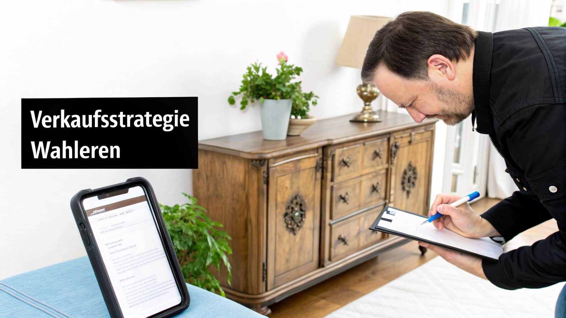 Mann mit Notizblock und Stift, prüft Informationen vor einer antiken Holzkommode und einem Smartphone.