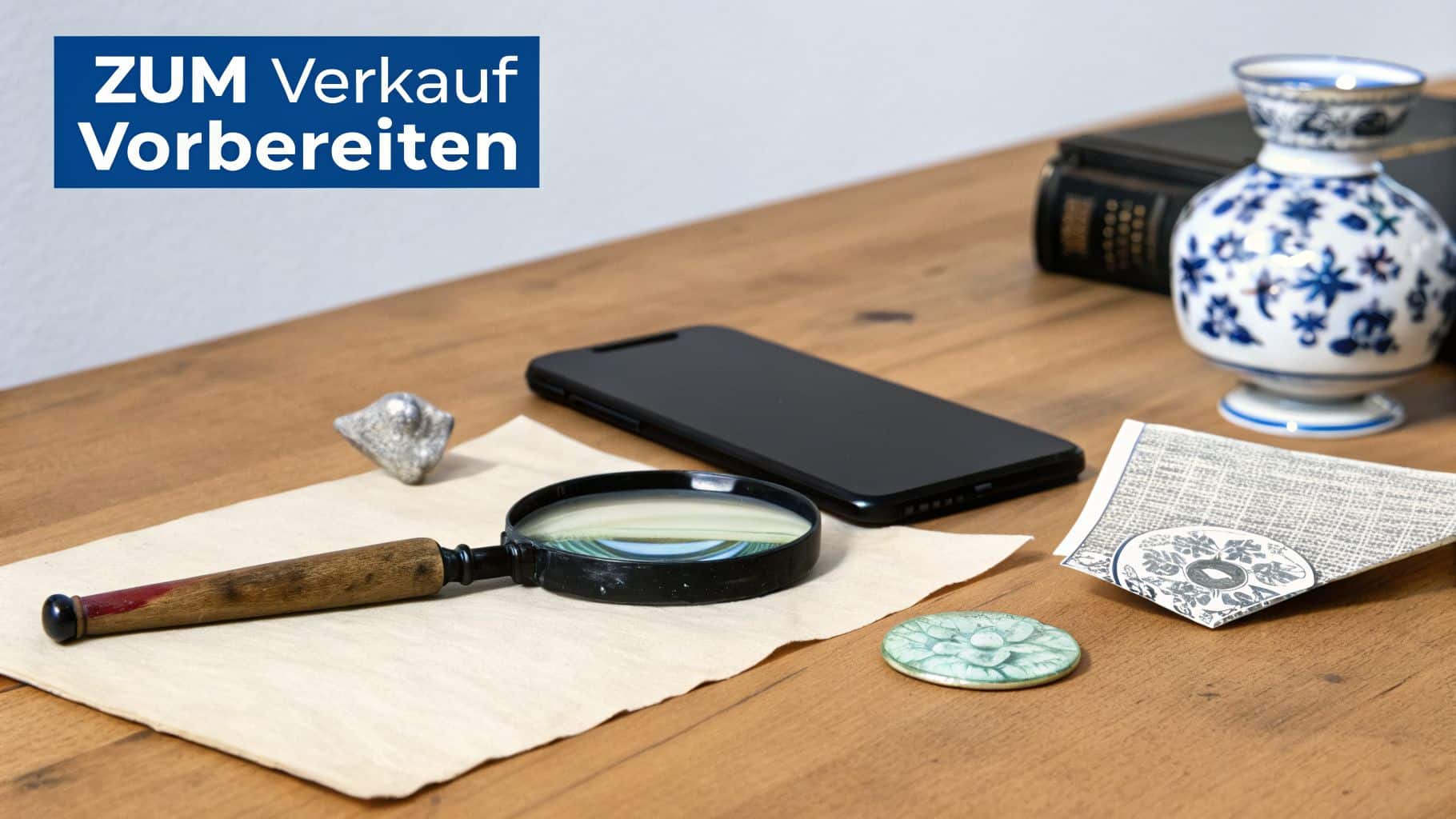 Ein Holztisch mit Lupe, Smartphone, Buch und Vase, bereit zur Vorbereitung für den Verkauf.