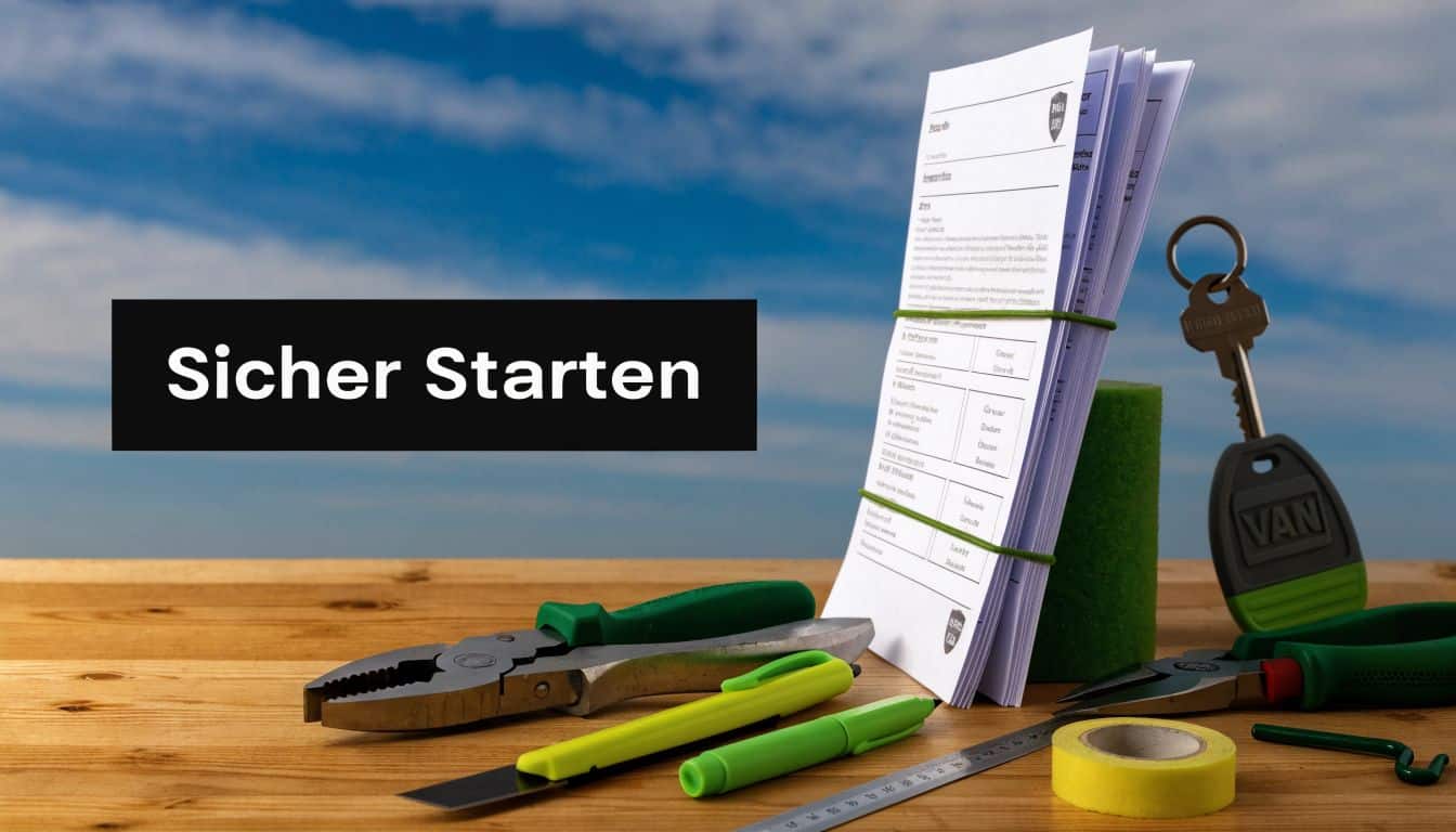 Ein Stapel Dokumente, Werkzeuge und ein Schlüssel liegen auf einem Holztisch vor einem blauen Himmel.