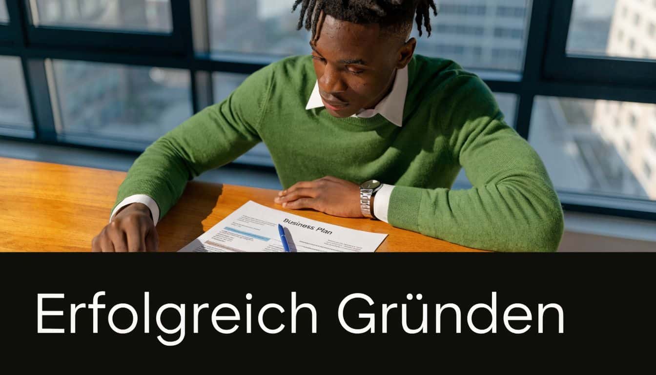 Ein junger Mann in einem grünen Pullover liest konzentriert einen Businessplan an einem hellen Holztisch.