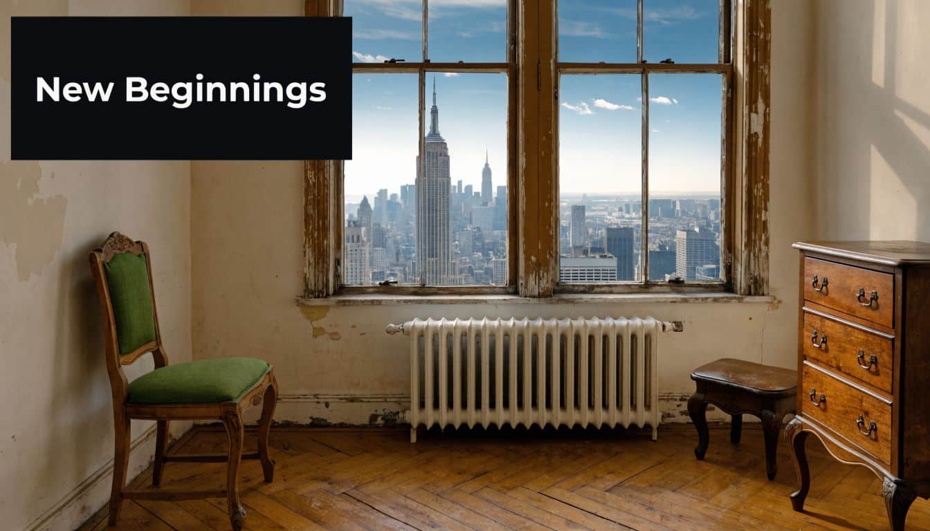 Ein Raum mit einem grünen Stuhl, einer Kommode und einem Fenster mit Blick auf die New Yorker Skyline.