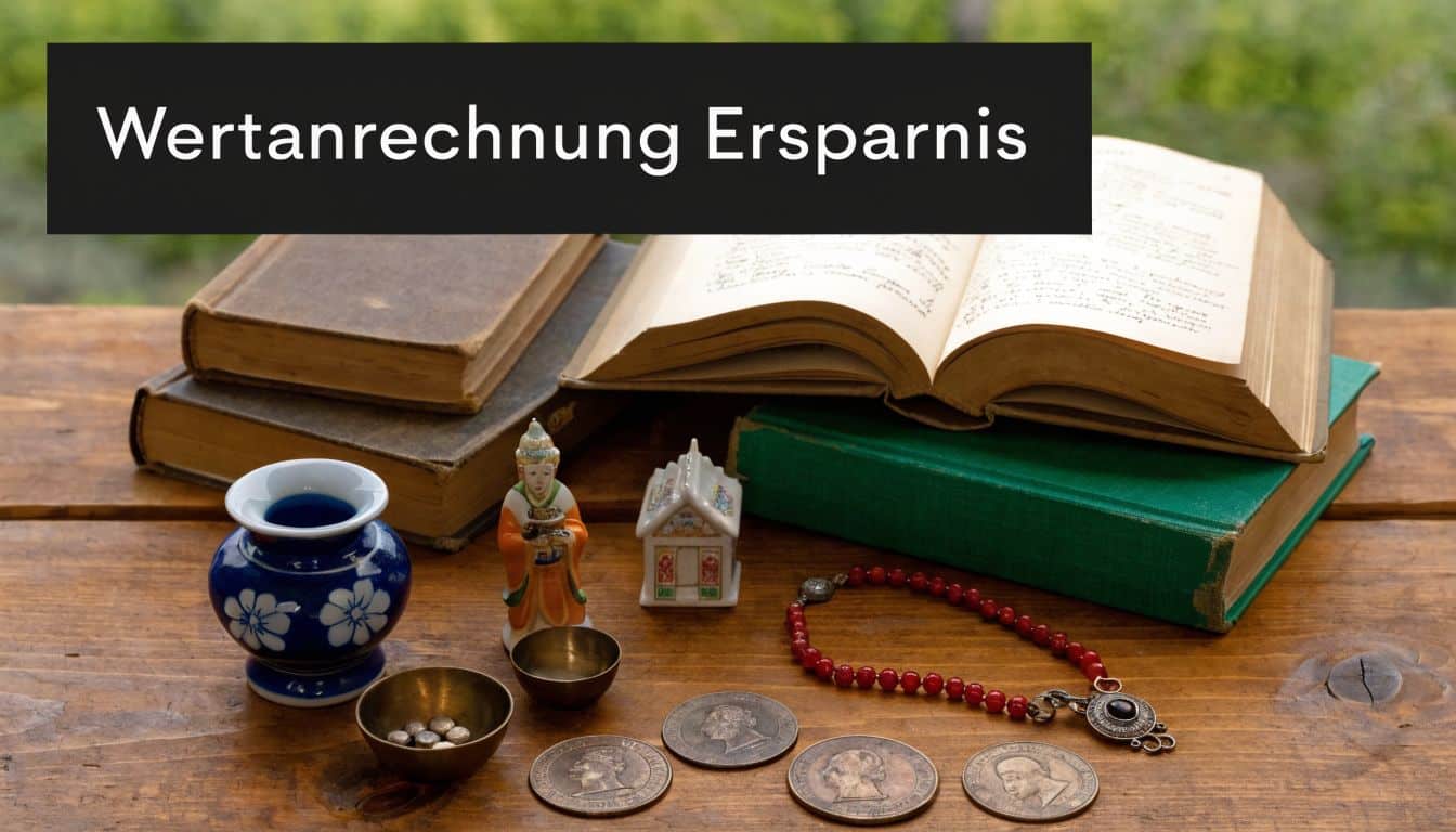 Antike Gegenstände, Münzen, Bücher und Schmuck auf einem hölzernen Tisch vor einem unscharfen Hintergrund.