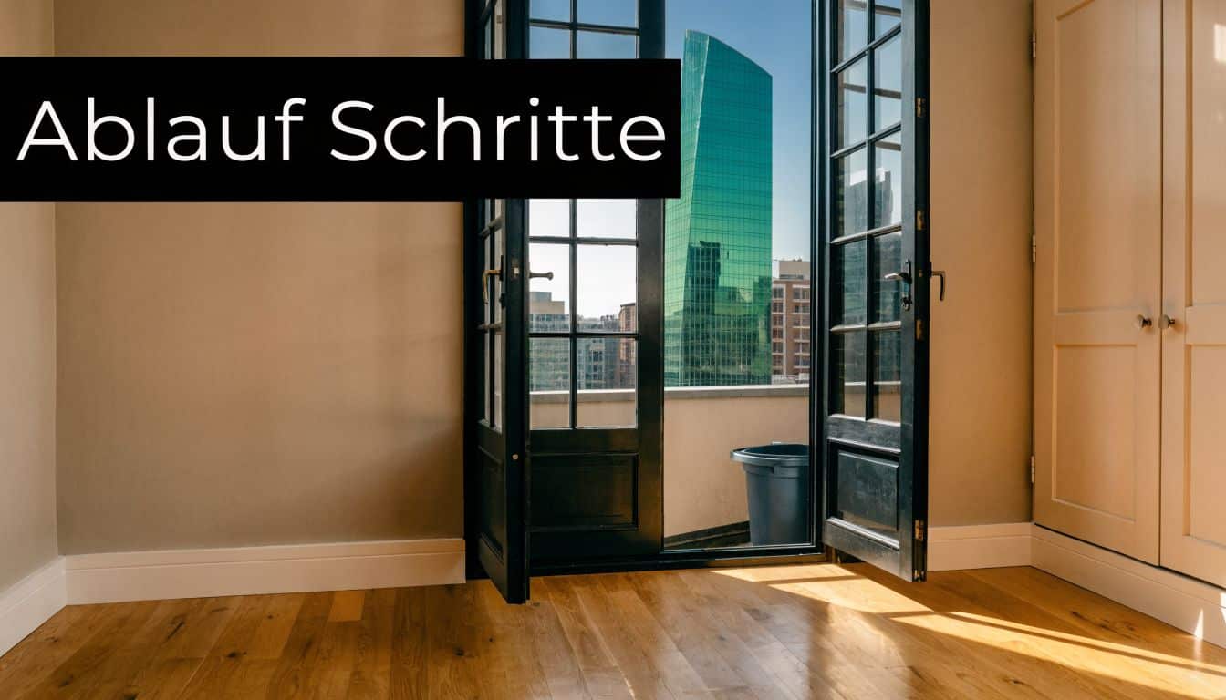 Ein leerer Raum mit offener Balkontür und Blick auf ein Stadtgebäude, bereit für die Sperrmüllabholung.