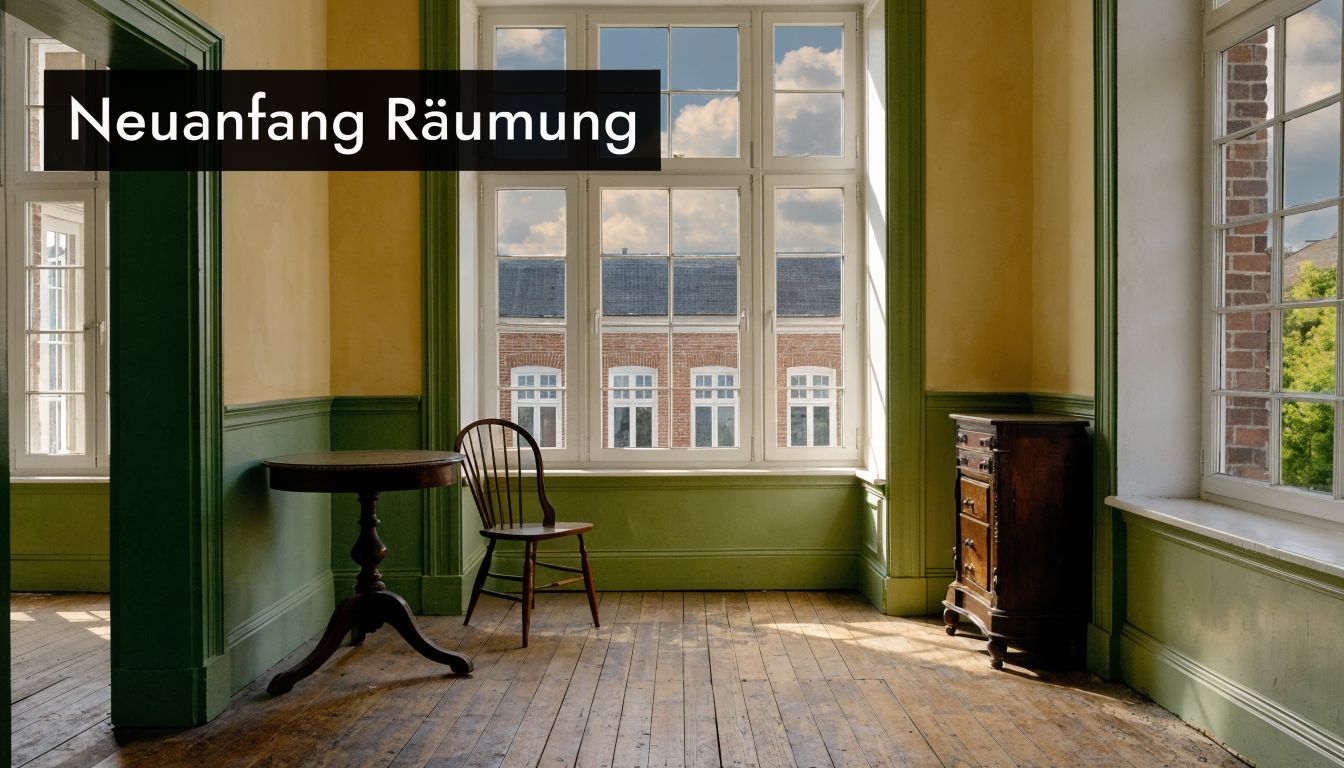 Ein geräumiger Raum mit Holzboden, einem runden Tisch, einem Holzstuhl und einer alten Kommode vor einem Fenster.