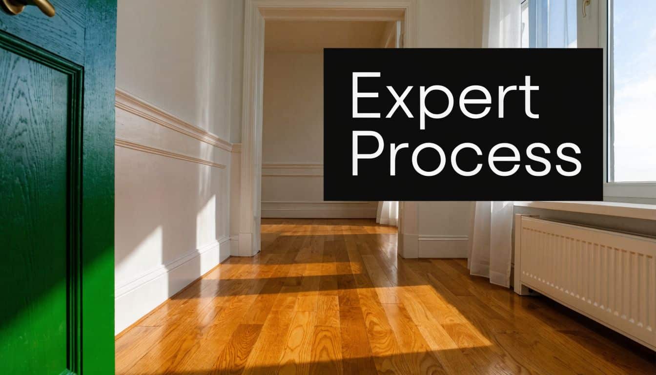 Ein heller, sonnendurchfluteter Flur mit Holzboden, einer grünen Tür und einem weißen Heizkörper in einem Wohnraum.