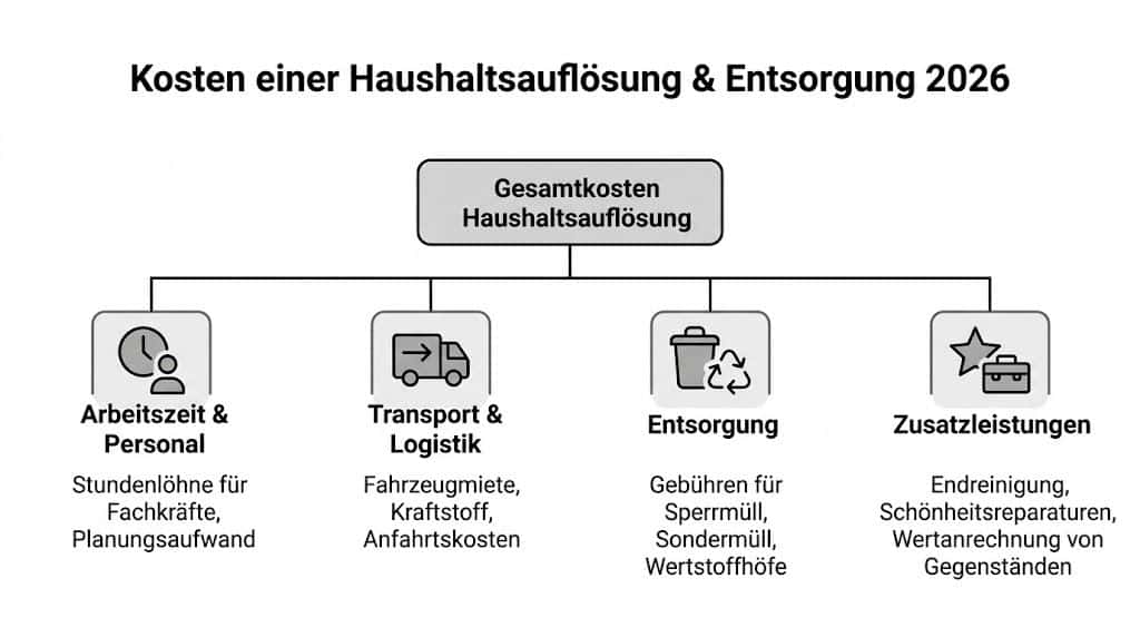 Übersichtsgrafik zu den verschiedenen Kostenfaktoren bei einer professionellen Haushaltsauflösung und Entsorgung im Jahr 2026.