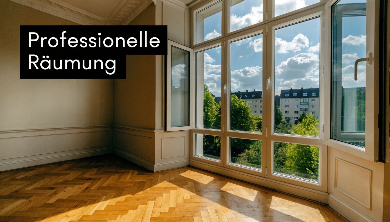 Ein leerer, sonnendurchfluteter Raum mit Fischgrätparkett, der professionell geräumt wurde und bereit für neue Mieter ist.