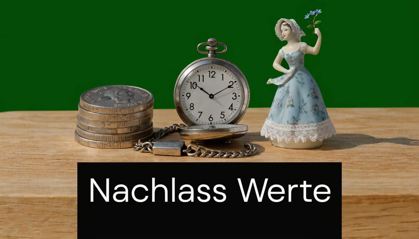 Ein Stapel Münzen, eine Taschenuhr und eine kleine Porzellanfigur stehen symbolisch für die Bewertung eines Nachlasses.