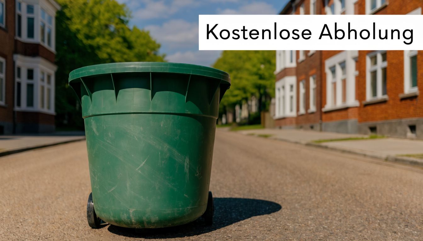 Eine grüne Mülltonne steht zur kostenlosen Abholung bereit auf einer leeren Straße vor einem Wohnhaus.