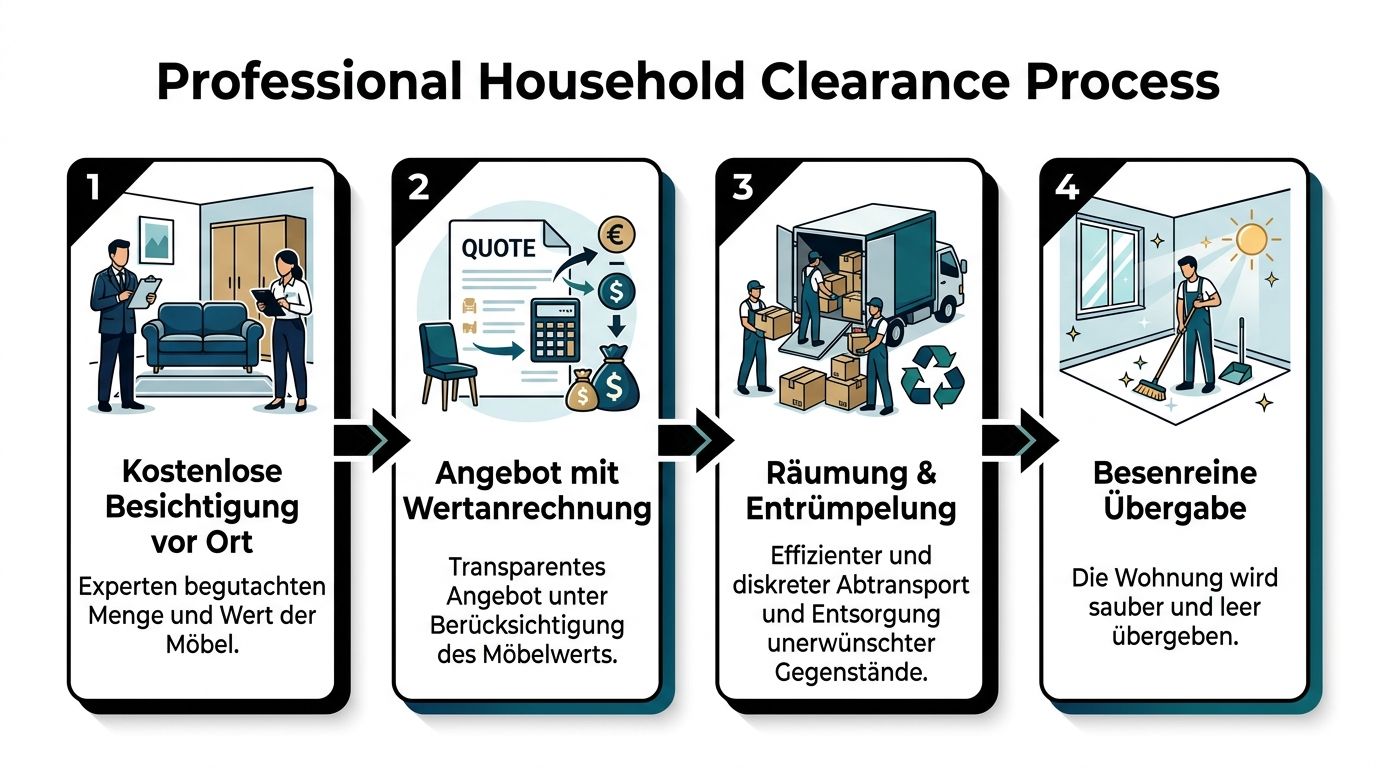 Ein vierstufiger Prozess für professionelle Haushaltsauflösungen, von der kostenlosen Besichtigung bis zur besenreinen Übergabe der Wohnung.