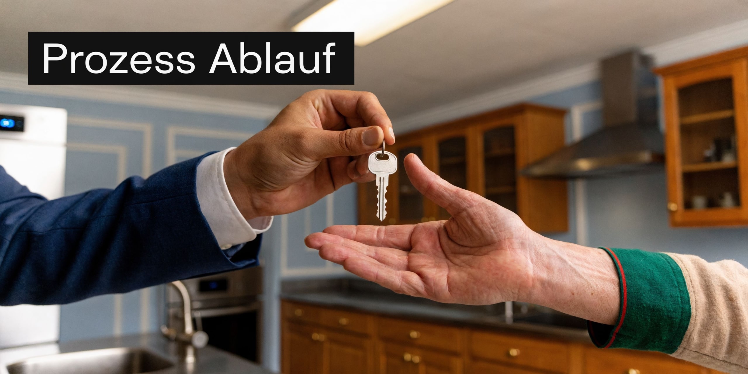 Ein Immobilienmakler übergibt einen Schlüssel an eine Person in einer modernen Küche während einer gastronomischen Wohnungsauflösung in NRW.