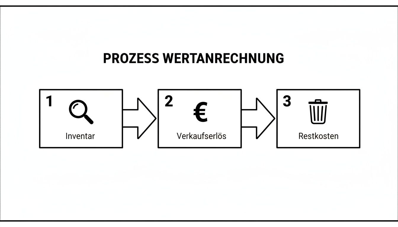 Flussdiagramm zeigt den Prozess der Wertanrechnung in drei Schritten: Inventar, Verkaufserlös und Restkosten.