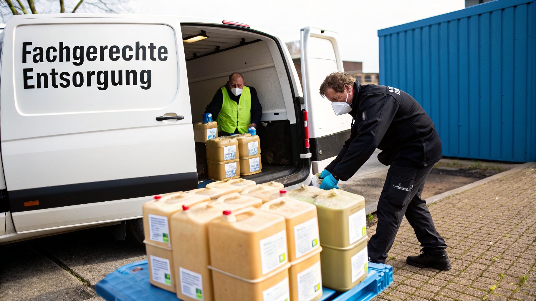 Zwei Männer mit Masken entladen Kanister aus einem weißen Lieferwagen mit der Aufschrift „Fachgerechte Entsorgung“.