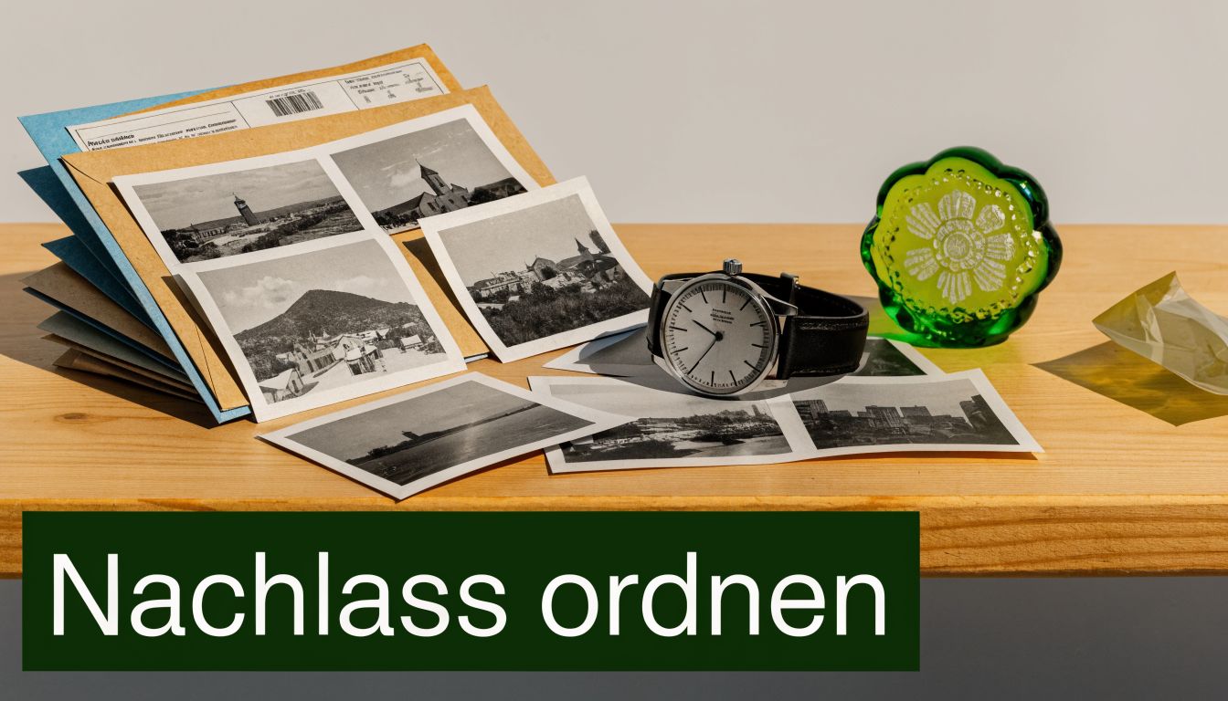Ein Stapel alter Fotos, eine Armbanduhr und ein grünes Glasobjekt liegen geordnet auf einem Holztisch.