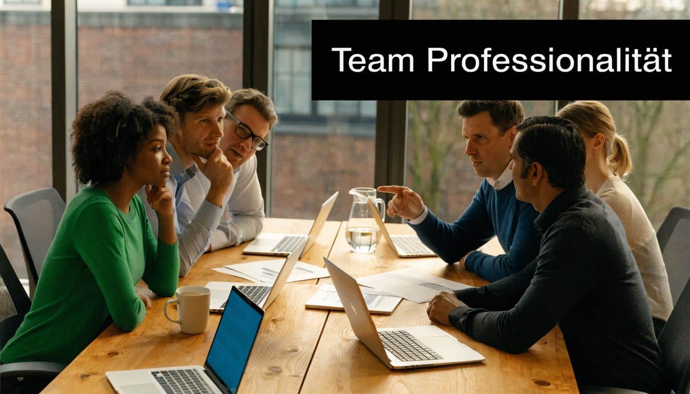 Ein diverses Team von Geschäftsleuten sitzt gemeinsam an einem Besprechungstisch und diskutiert professionell über verschiedene Arbeitsprojekte.