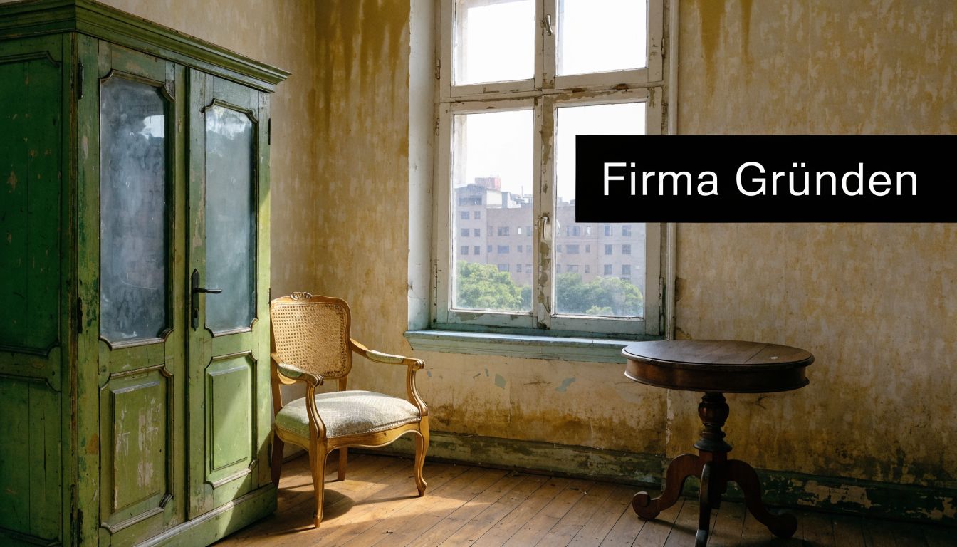 Ein verlassener Raum mit einem antiken grünen Schrank, einem Holzstuhl und einem kleinen runden Tisch am Fenster.