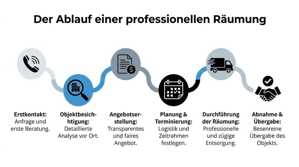 Eine Infografik, die den schrittweisen Ablauf einer professionellen Wohnungs- oder Gastro-Auflösung von der Beratung bis zur Übergabe zeigt.