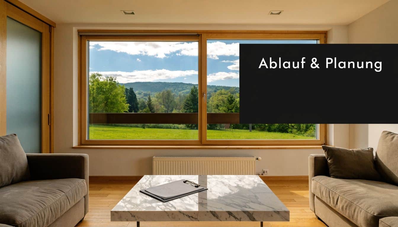 Ein helles Wohnzimmer mit zwei beigen Sofas, einem Marmortisch und einem großen Fenster mit grüner Aussicht.