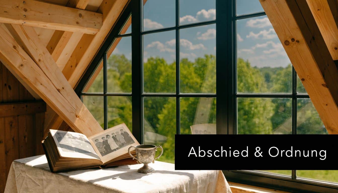 Ein altes Fotoalbum und ein silberner Kelch stehen auf einem Tisch vor einem sonnigen Dachfenster.