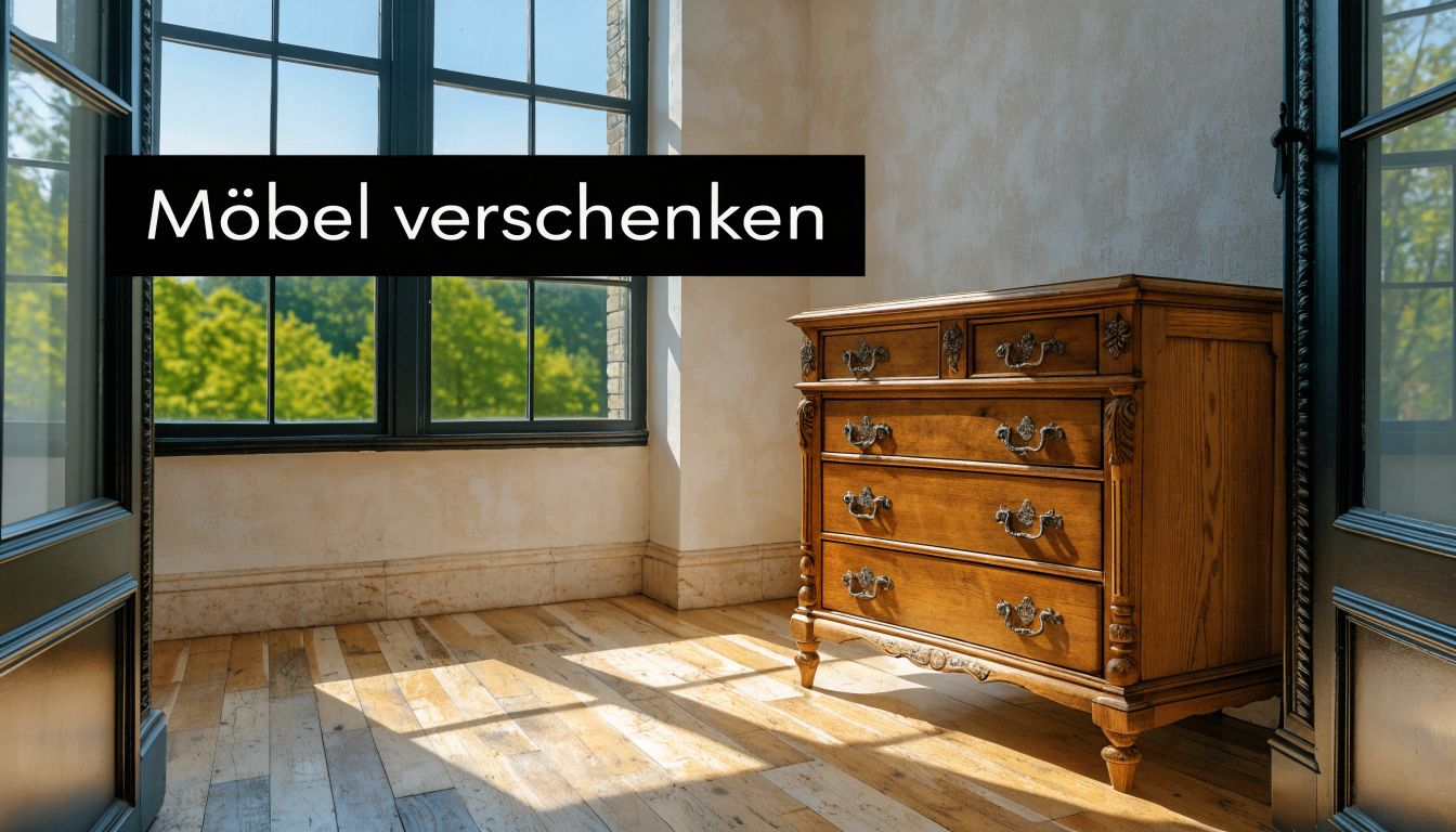 Eine antike Holzkommode steht in einem hellen, sonnendurchfluteten Raum vor einem großen Fenster mit schwarzem Rahmen.
