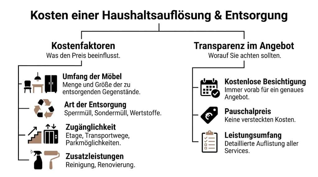 Übersichtsgrafik zu Kostenfaktoren und Transparenz bei der professionellen Haushaltsauflösung und Entsorgung von Möbeln.
