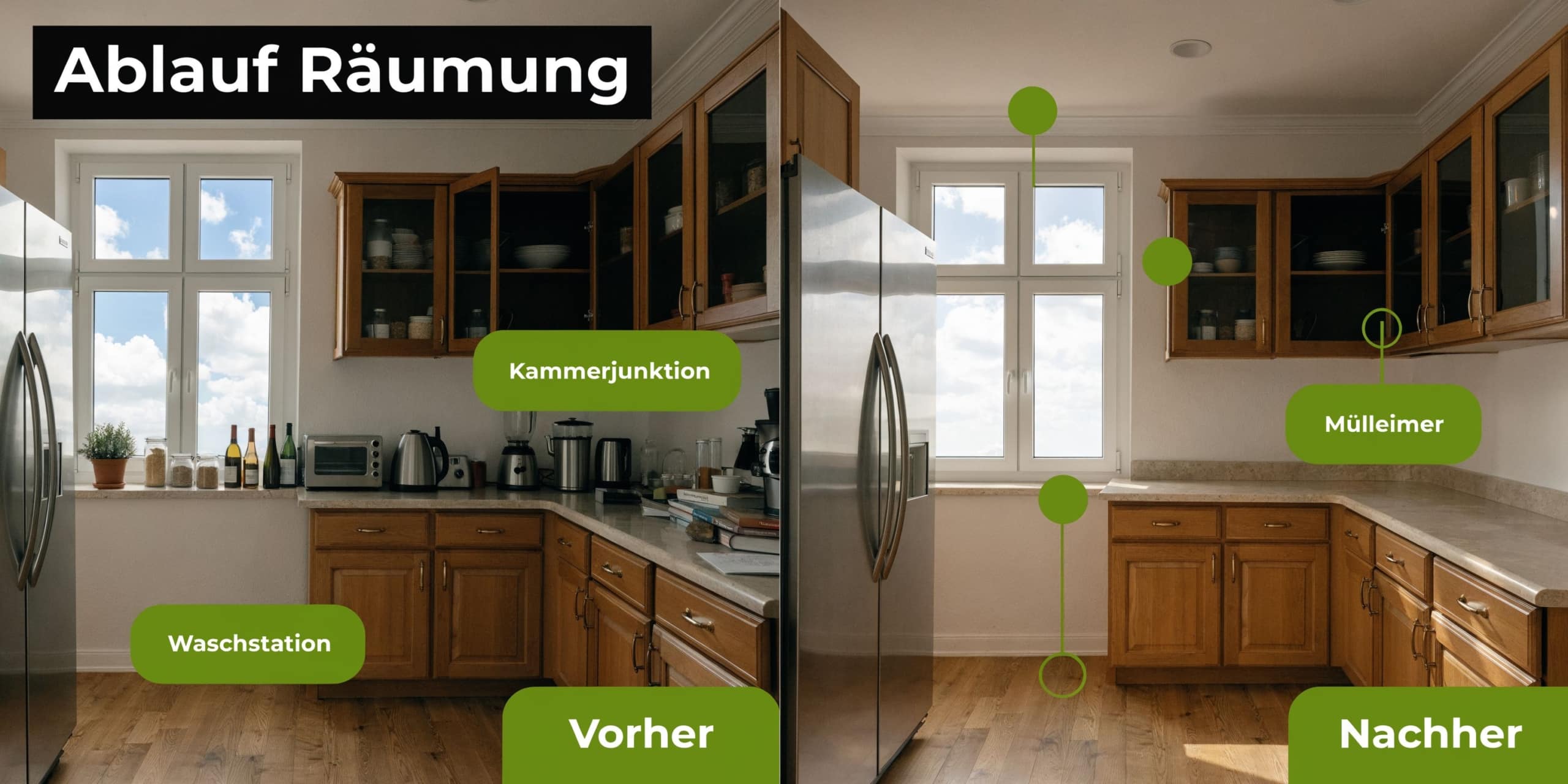 Ein direkter Vergleich einer Küche vor und nach einer professionellen Entrümpelung mit aufgeräumten Arbeitsflächen und Schränken.