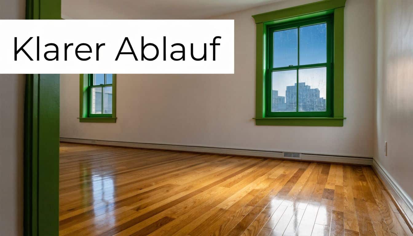 Ein leerer, sonnendurchfluteter Raum mit glänzendem Holzboden und leuchtend grünen Fensterrahmen nach einer Haushaltsauflösung.