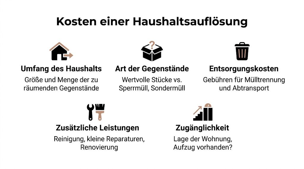 Eine Infografik mit fünf Faktoren, die die Kosten einer Haushaltsauflösung beeinflussen, wie Umfang, Gegenstände, Entsorgung, Leistungen und Zugänglichkeit.